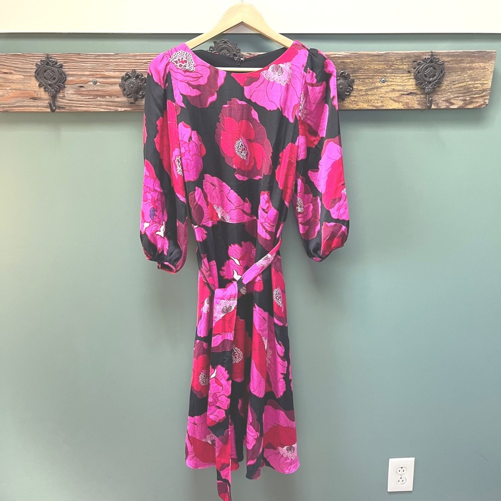 Talbots Pink Red Floral Satin Midi Dress 3/4 Puff Sleeve Belted‎ NWT Size 10